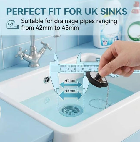 2 Pack Sink Plug, 43mm Universal Bath Plug with 40cm Stainless Steel Chain, Rubber Drain Stopper for Bathroom Kitchen Laundry Sink