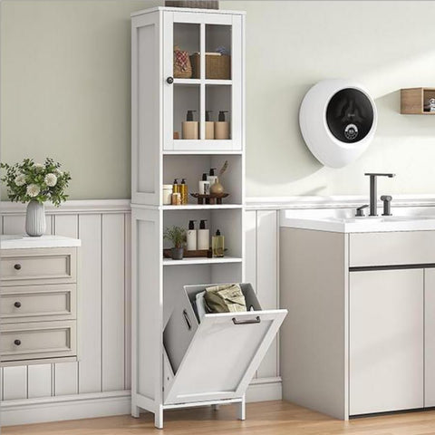 Feonase Tall Bathroom Cabinet with Removable Laundry Basket, Slim Freestanding Storage Organizer with Acrylic Door and 4 Shelves for Bathroom