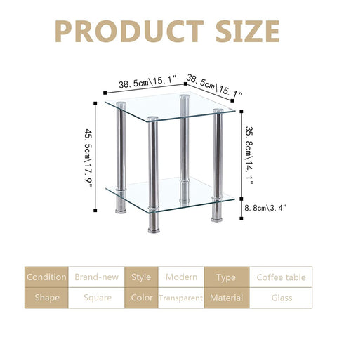 GOLDFAN 2-Tier Small Glass Coffee Table Corner Side End Table with Clear Glass and Stainless Steel Legs Living Room, Transparent