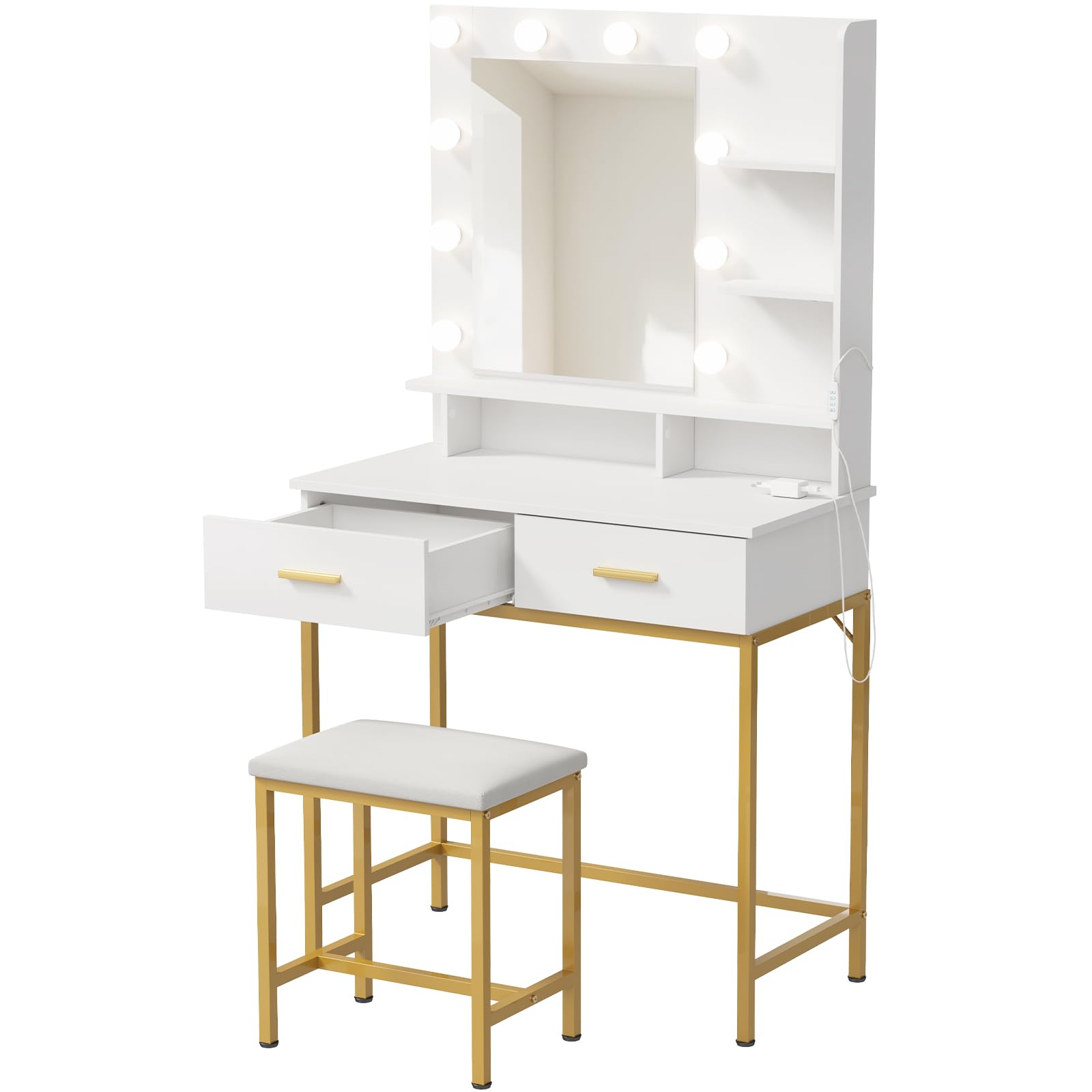 Lifewit Vanity with Mirror and Lights, Adjustable Color/Brightness, White Makeup Desk with 2 Drawers and Stool for Bedroom, Bathroom, Makeup Room
