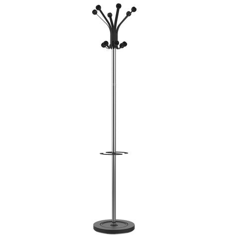 UNILUX Hakea Coat Stand Chrome-Plated Steel and Black Plastic with 12 Round Clothes Hooks and Adjustable Umbrella Stand 176 cm High
