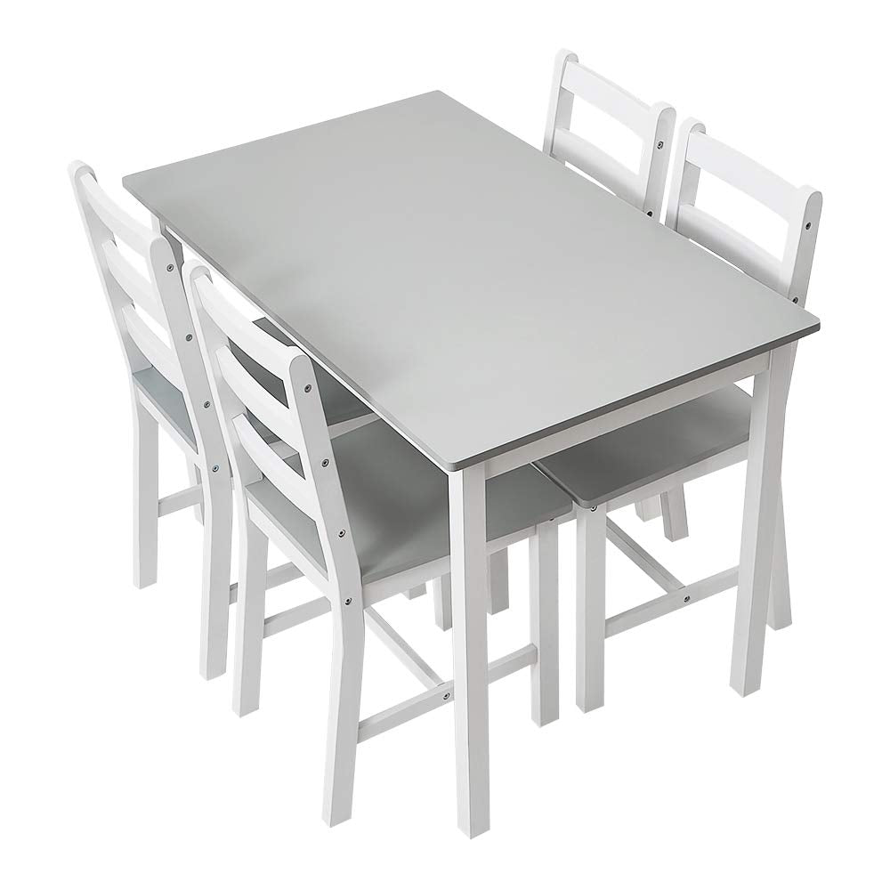 Panana Pine Wood Dining Table and 4 Chairs Set, 5-Piece Home Kitchen Furniture Set (Grey White)