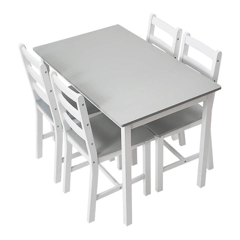 Panana Pine Wood Dining Table and 4 Chairs Set, 5-Piece Home Kitchen Furniture Set (Grey White)