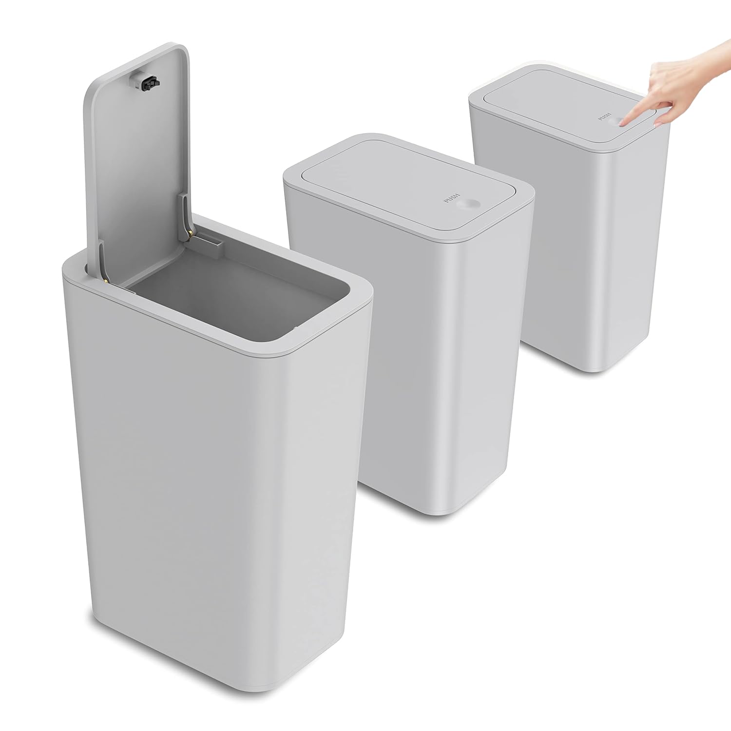 3 Pack Bedroom Bin,10L Slim Bathroom Bin with Lid,Push Button Plastic Waste Bin for Bathroom Anti-Odour,Plastic Thin Trash Can for Office,Living