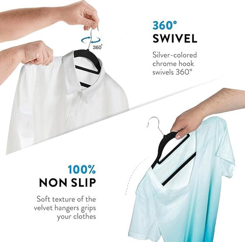 JH AUTOSTORES - 25 Pack Non Slip Velvet Coat Space Saving Adult Hangers for Clothes – Hangers with Tie Organizer & Swivel Hooks