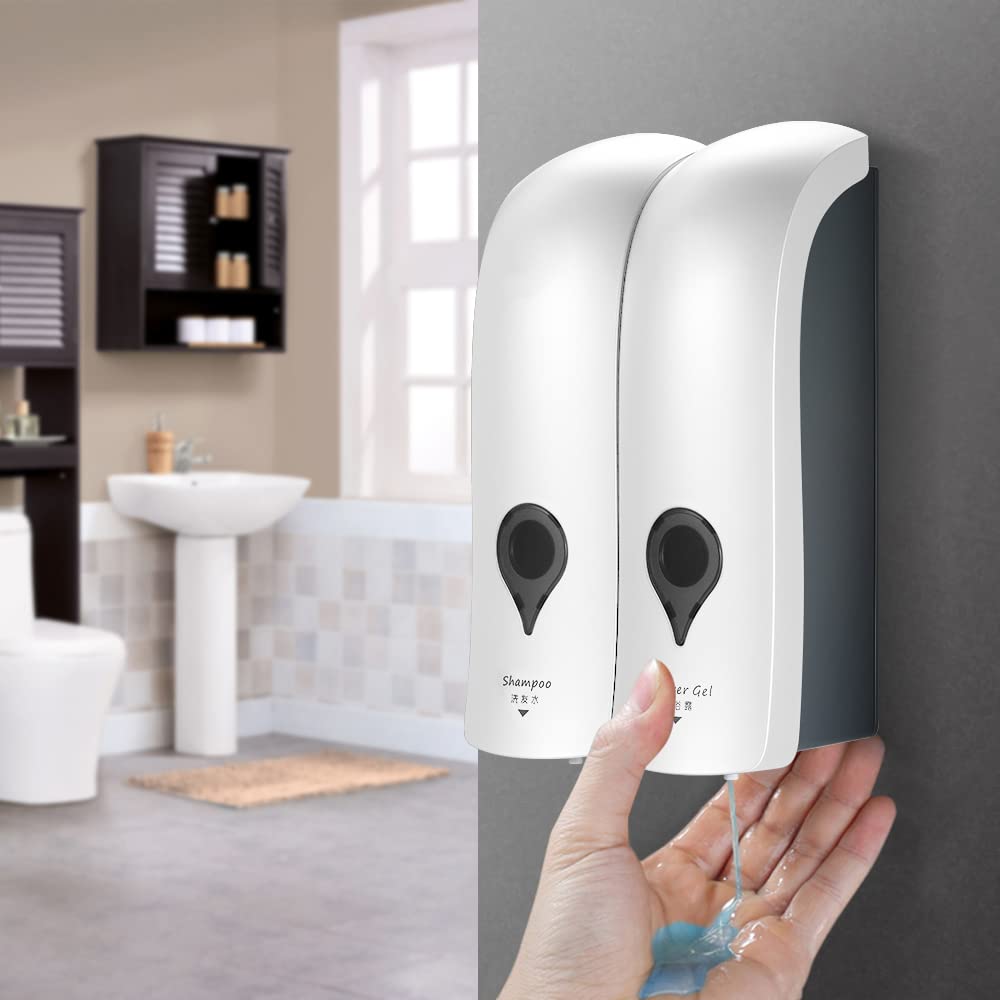 Decdeal Soap Dispenser, 300ml*2 Wall Mounted Shower Gel Dispenser NO Drilling Double-Head Manual Bathroom Shower Gel Liquid Shampoo Dispenser Holder