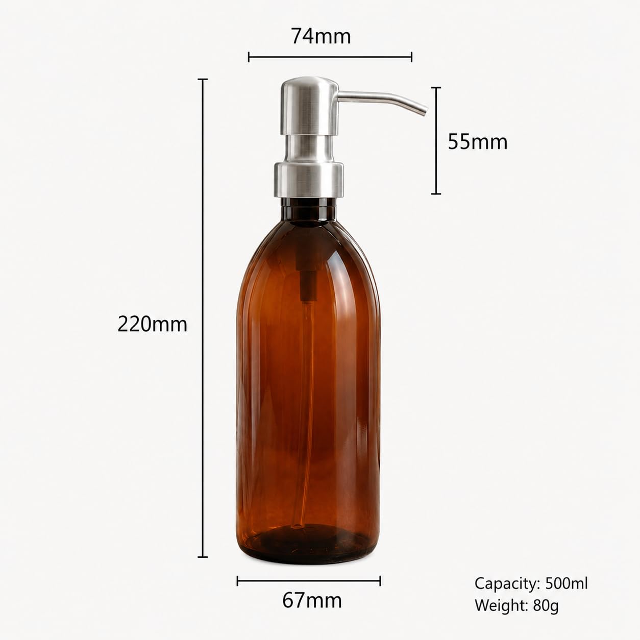 AVALON Brown Amber Plastic Bottles - Brushed Steel Metal Pump 500ml - Pack of 2 - Refillable Plastic Soap Dispenser Bottle for Bathroom/Kitchen