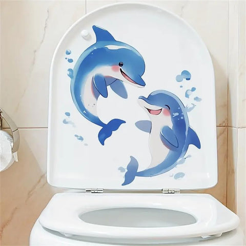 Sky Blue Dolphin Toilet Cover Sticker Decals,Spring Flower Leaf Butterfly Waterproof Toilet Lid Tank Seat Decals Cistern Self-Adhesive Bathroom Wall