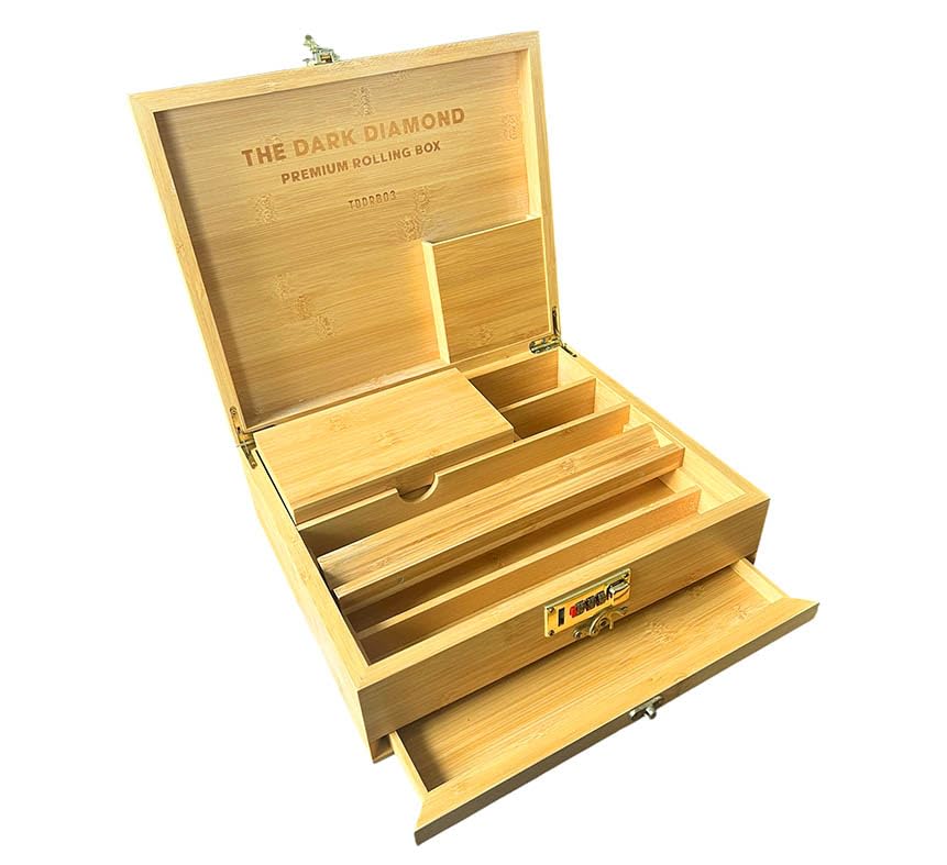 The Dark Diamond Roll Box Premium Smoking Accessories Storage Handcrafted Bamboo Wooden Stash Rolling Box Upgraded (Large - 30X25X10CM)
