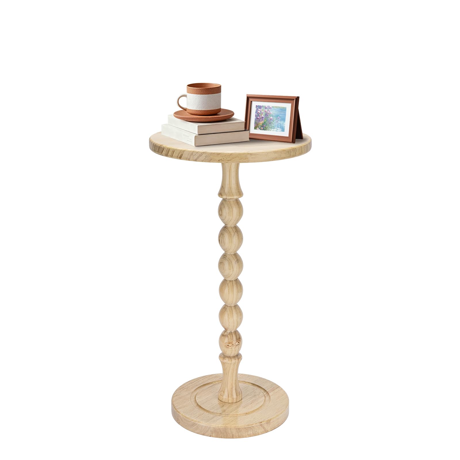 Lampaggio Round Side Table for Small Spaces, Drink Table with Oak Wood Pedestal, Modern End Table Nightstand for Living Room, Bedroom, Office