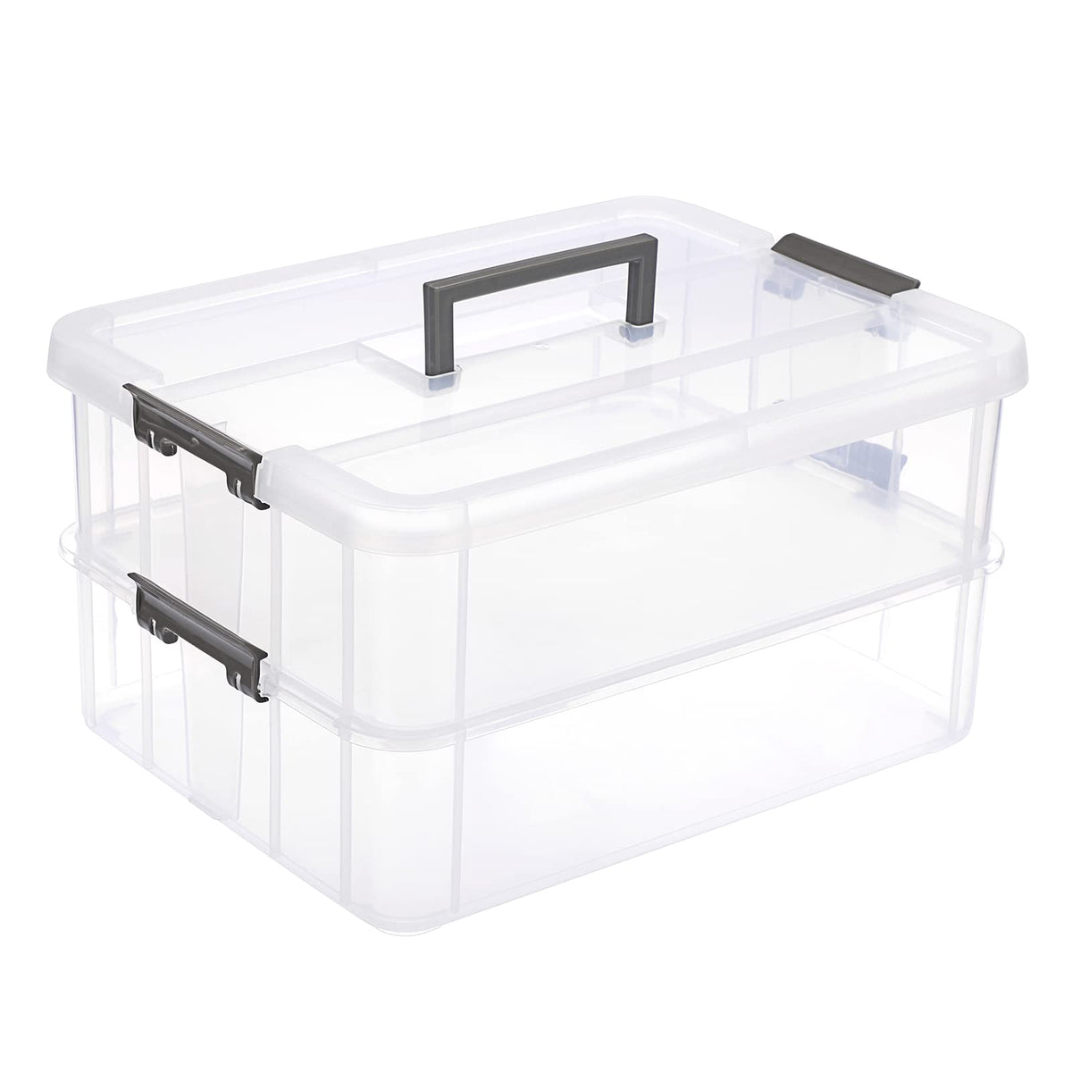 IGNPION 2-Tier Stackable Craft Storage Box Plastic Adjustable Storage Containers with Carry Handle Transparent Containers Organiser for Art & Craft