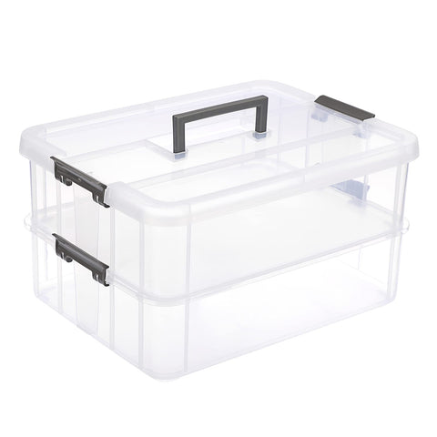 IGNPION 2-Tier Stackable Craft Storage Box Plastic Adjustable Storage Containers with Carry Handle Transparent Containers Organiser for Art & Craft