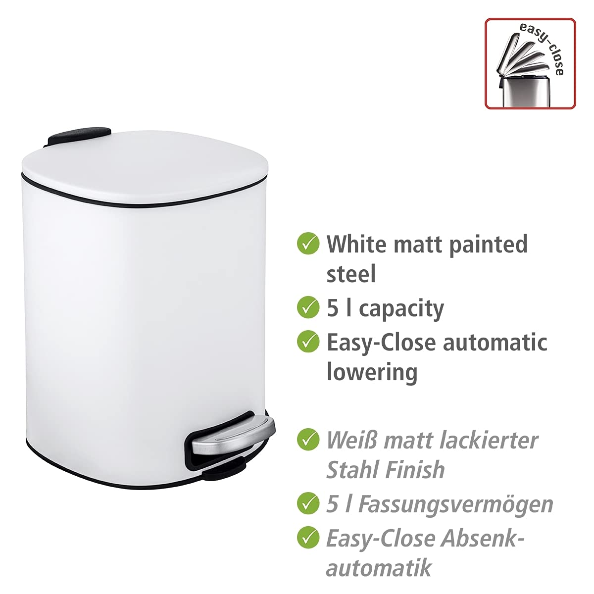 WENKO Alassio Cosmetic Pedal Bin, 5 Litre Volume Bathroom Bin with Easy-Close Mechanism, Painted Steel, 24.5 x 20.5 x 27 cm, White