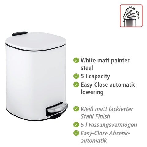 WENKO Alassio Cosmetic Pedal Bin, 5 Litre Volume Bathroom Bin with Easy-Close Mechanism, Painted Steel, 24.5 x 20.5 x 27 cm, White