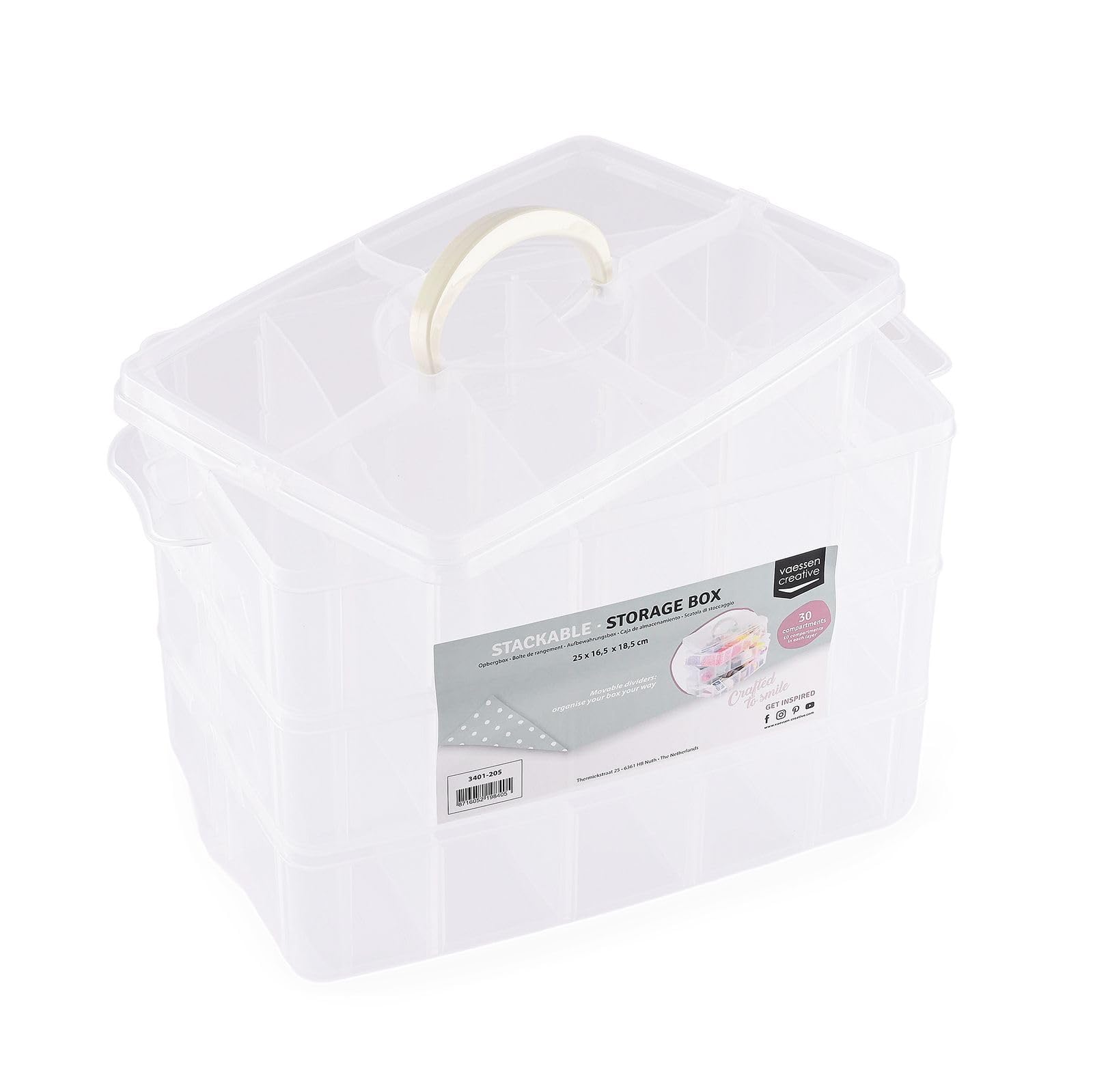 Vaessen Creative Plastic Storage Box with Lid 25x16,5x18,5cm - 3 Layers and 30 Adjustable Compartments of 5 x 8 x 5,5cm - Clear Organiser for Sewing