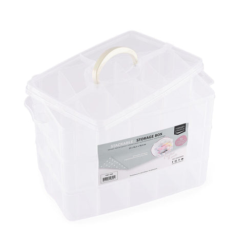 Vaessen Creative Plastic Storage Box with Lid 25x16,5x18,5cm - 3 Layers and 30 Adjustable Compartments of 5 x 8 x 5,5cm - Clear Organiser for Sewing