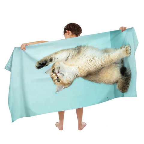 Ulticool Microfibre Children's Beach Towel 140 x 70 cm - Cat Dinosaur Blue - Lightweight Quick-Drying Travel Towel