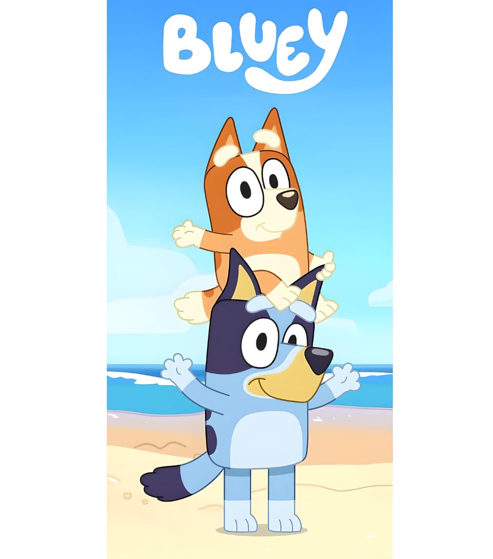 BrandMac Bluey & Bingo Beach & Bath Towel 70x140cm, 100% Cotton | Soft & Absorbent Kids Bath & Swim Towel | Official Bluey Towel | Ideal for Beach