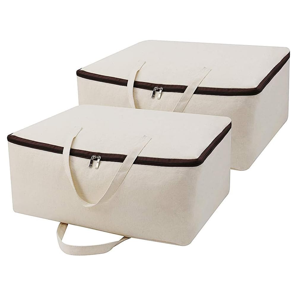Pack of 2, Breathable Natural Cotton Canvas Soft Storage Bags with Handles & 3-side Zip