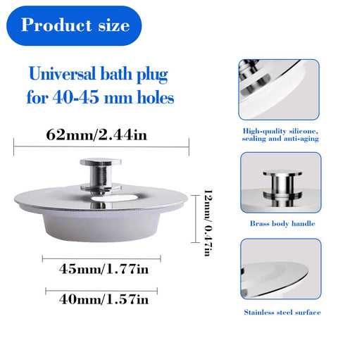 Stainless Steel Bath Plug for 40-45mm Holes, Universal Sink Stopper for Kitchen and Bathtub, Anti-Leak Design with Secure Fit