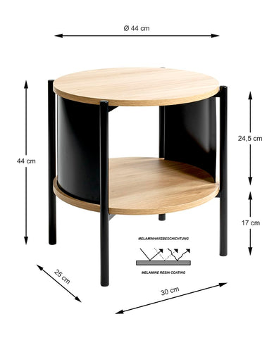 HAKU Side Table Round Side Table Natural Oak Black MDF Top Metal Frame Round Coffee Table - Dimensions: H 44 x Ø 44 cm Style: Modern