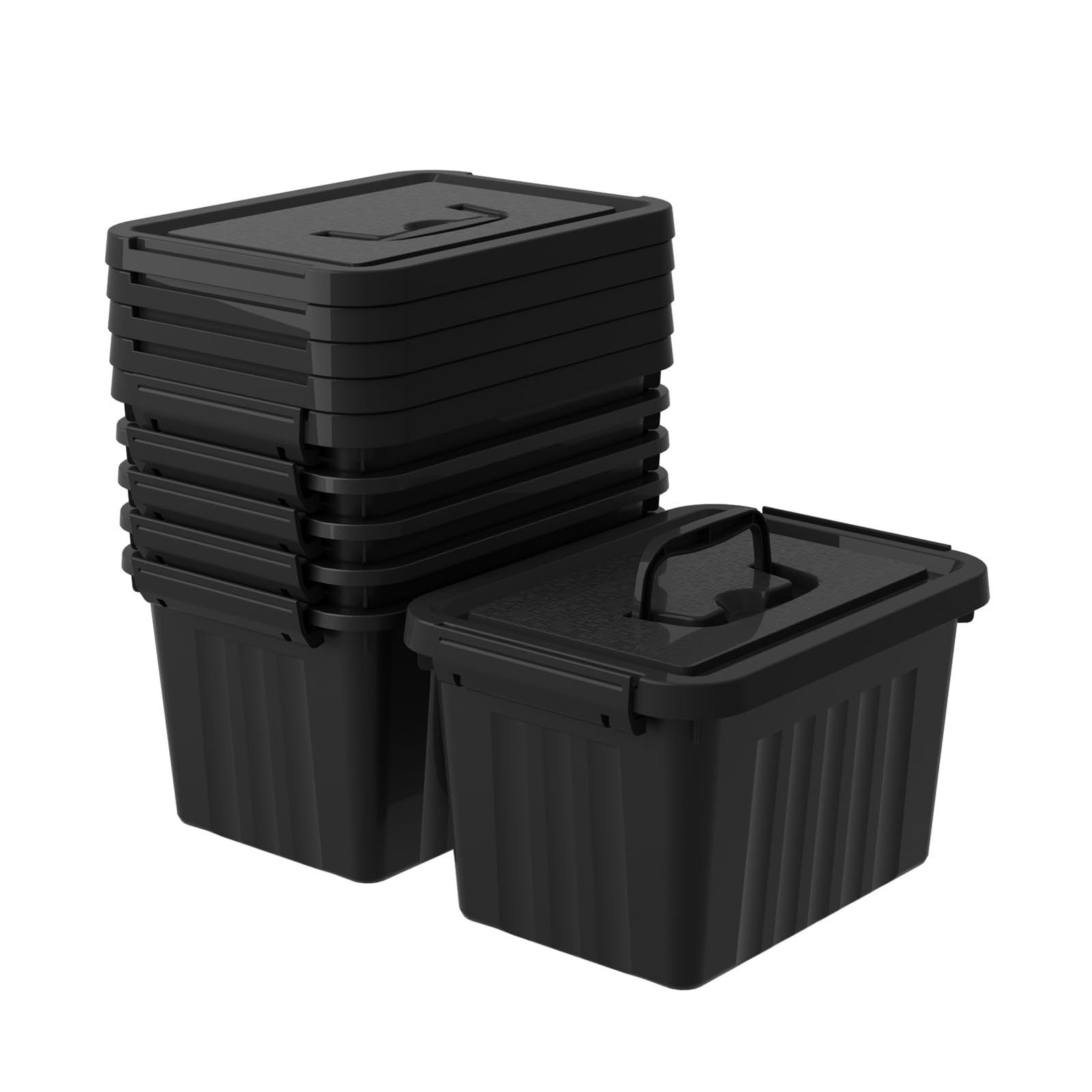 Minekkyes 6 L Plastic Storage Box with Lids/Handles, Stackable Storage Bin with Latching Buckles, 6 Packs, Black