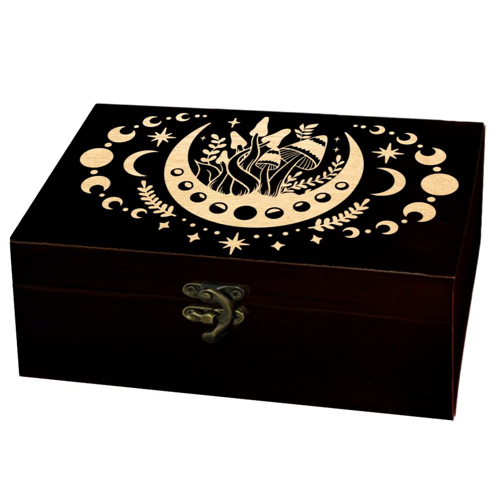 arricraft 1 Pc Wooden Memorial Storage Box, Moon Eclipse Mushroom Carving Pattern Rectangle Pine Tarot Box for Festival Gift Anniversary Jewelry