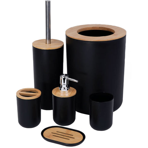 JETAINE 6 Pieces Bamboo Bathroom Accessories Modern Bathroom Accessory Set Luxury Bathroom Bin and Toilet Brush Set