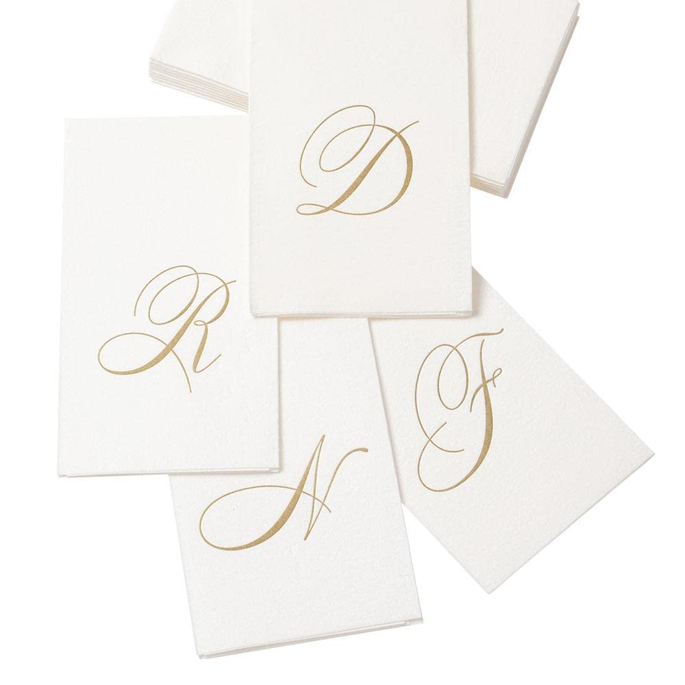 Caspari " Signature Gold Initial D Paper Linen Guest Towels, White Pearl, Pack of 24