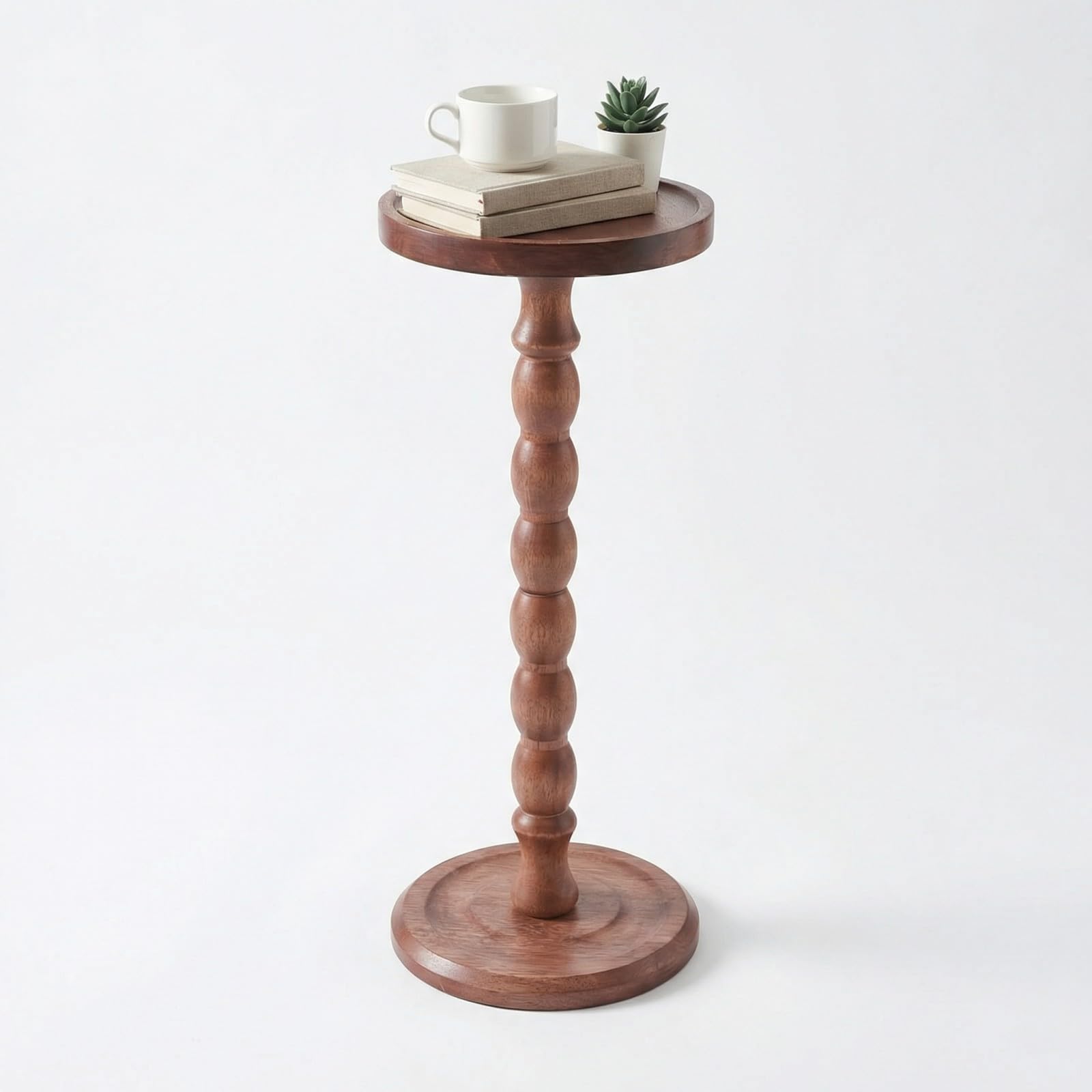 Perclyzm Solid Oak Wood Round Side Table, Rustic Brown Tall Pedestal Drinks Table, Dark Walnut Finish, Tray Top for Living Room, Sofa, Bedroom