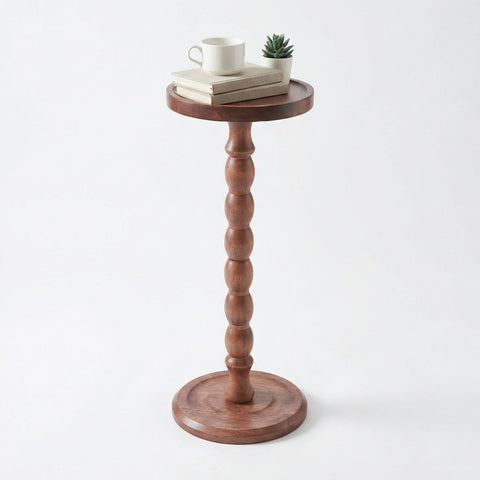 Perclyzm Solid Oak Wood Round Side Table, Rustic Brown Tall Pedestal Drinks Table, Dark Walnut Finish, Tray Top for Living Room, Sofa, Bedroom