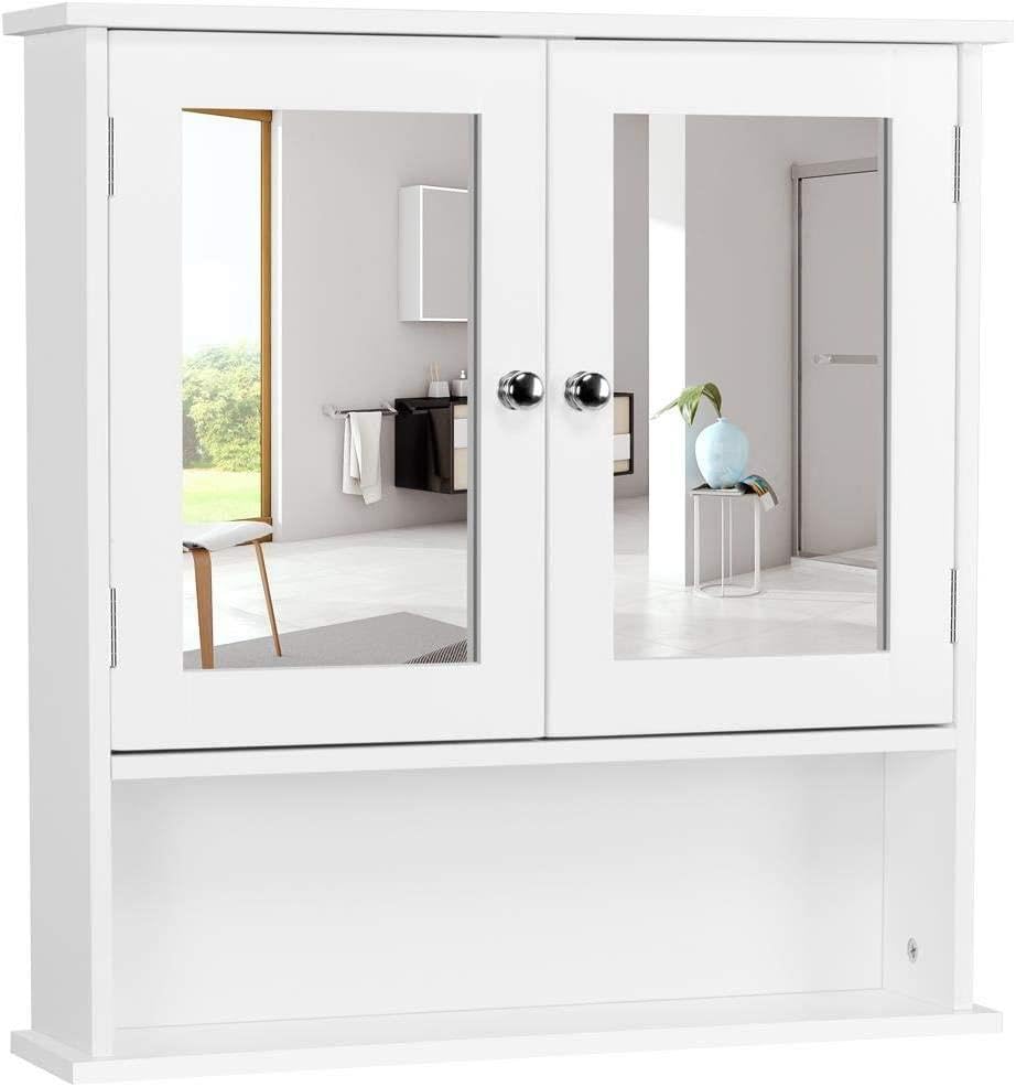 Yaheetech Bathroom Mirror Cabinet, 2 Doors & Open Shelf, White