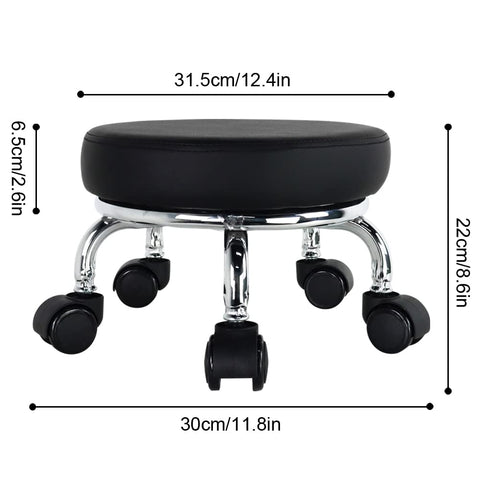 WKWKER Roller Seat PU Leather Low Round Rolling Stool Small Chair with Universal Swivel Caster Wheels for Home Office Garage Shop Fitness Sport（Black）