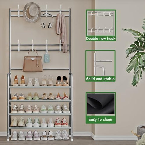 Dazioter Coat Rack Shoe Rack With Storage Shelf Freestanding with 8 Hooks for Entryway Bedroom (Grey, 4Tier)