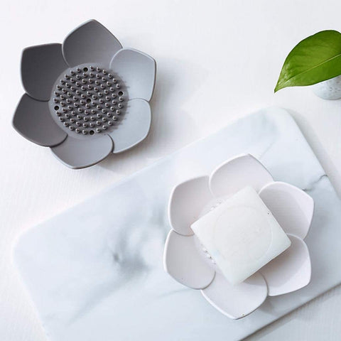 Okami Products Japanese Flower Silicone Soap Dish - Pack of 2 Soap Holder (White & Grey)