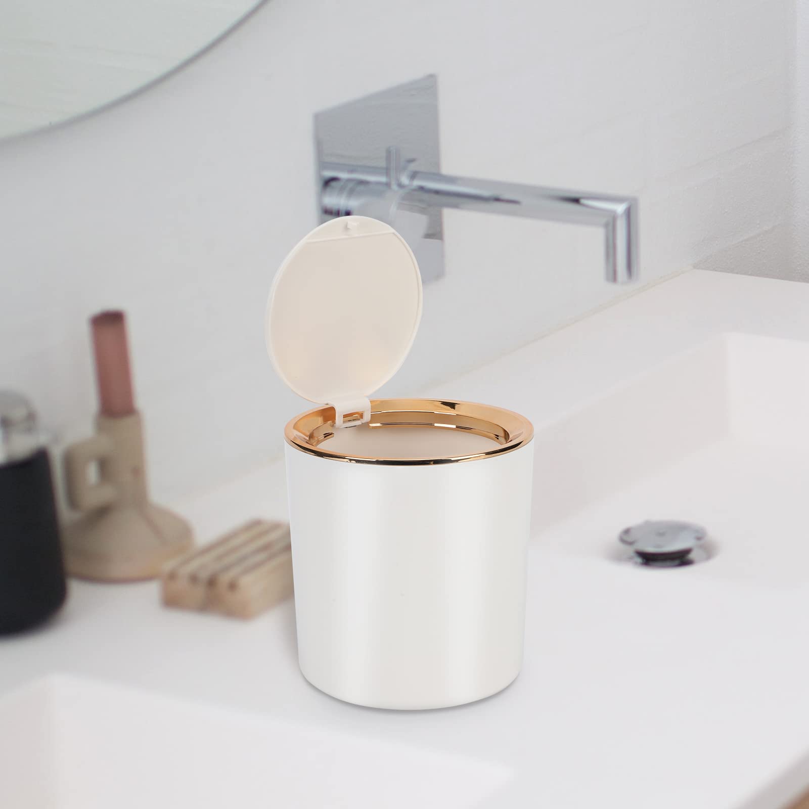 Desk Bin with Lid, Mini Table Trash Can,15 * 14.5cm Portable Small Dustbin for Bathroom Living Room Kitchen Car Dressing Table (White)