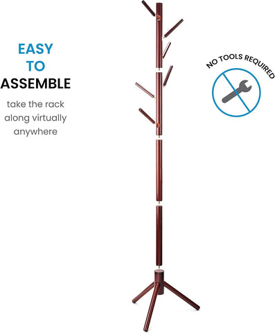 Ceciliec Coat Rack Free Standing - Wooden Coat Tree with 6 Hooks - Coats, Purses, Hats - Adjustable Sizes, Easy Assembly (Cherry)