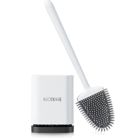 ASOBEAGE Silicone Toilet Brush: Flexible Head, Long Handle, Wall-mounted, Quick-drying Holder for Bathroom Clean (White)