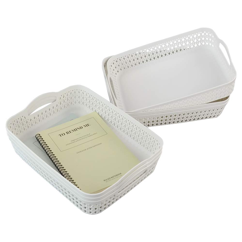 Callyne Set of 6 White Plastic Storage Tray Basket, Large Kitchen Storage Basket with Handle