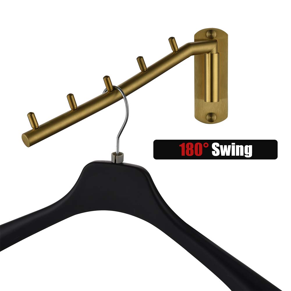 JQK Folding Clothes Hanger Rack, Stainless Steel Swing Arm Hook Holder, Clothing Hanging System Drying Closet Storage Organizer Brushed Gold Wall
