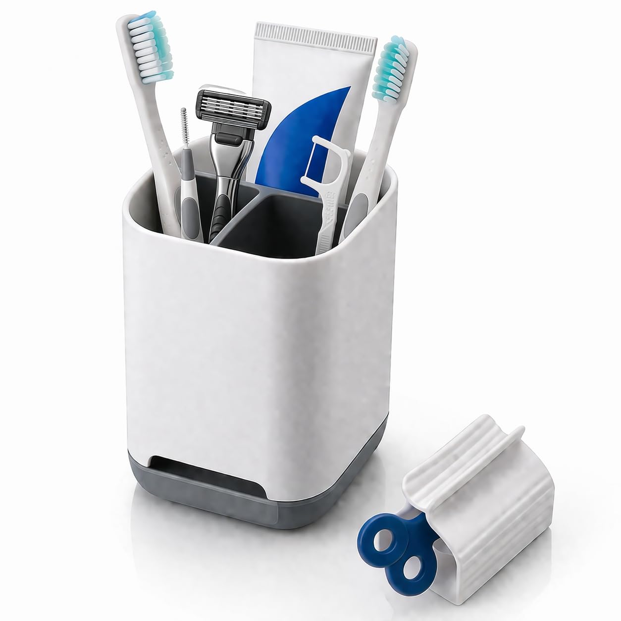 Gill Global Toothbrush Holder with Toothpaste Squeezer, 3 Slot Bathroom Organiser, Toothbrush Stand with Drainage, Bathroom Storage Cup