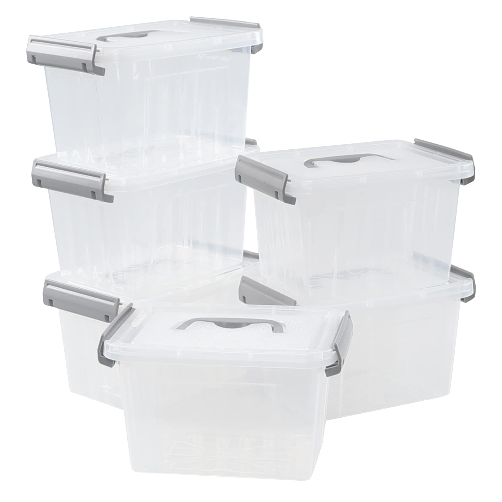 Zopnny Set of 6 Small Storage Boxes, 3 L Latch Bin with Lid/Handle, Clear