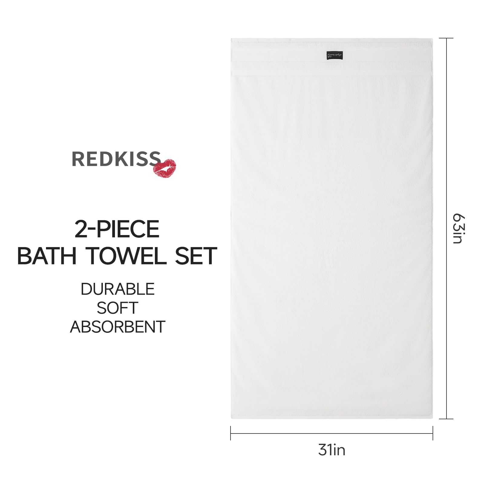 REDKISS 2-pack White Large Bath Towels-160 x 80CM Cotton Luxury Towel