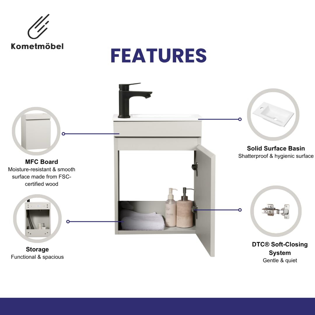 Kometmöbel Cloakroom Vanity Unit With Wash Basin Bathroom Vanity 40cm Wall Hung (Cashmere 40cm, Without Tap)