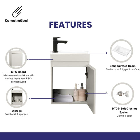 Kometmöbel Cloakroom Vanity Unit With Wash Basin Bathroom Vanity 40cm Wall Hung (Cashmere 40cm, Without Tap)