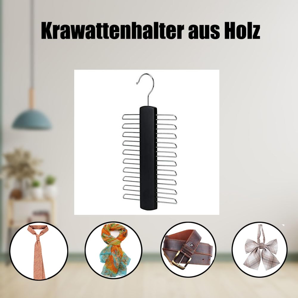 Kaizuca 2 Piece Wooden Tie Hanger, Swivel Tie Racks, Tie Belt Rack, with 20 Metal Partitions and 360 Degree Rotating Clothes Hook, for Hanging Belts