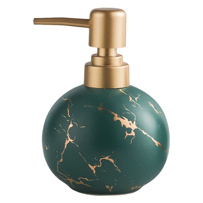 Gold Soap Dispenser, Cute Marble Round Ceramic Lotion Bottle(Dark Green)