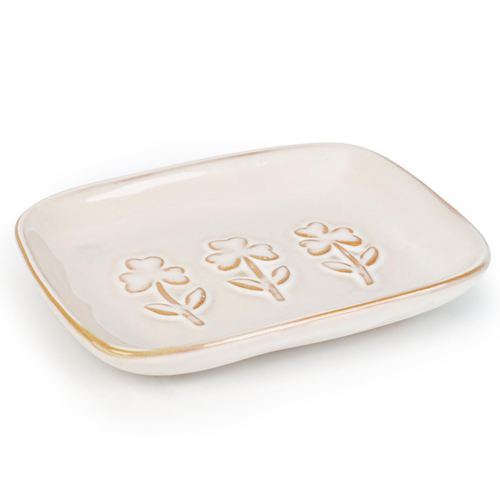 Ceramic Soap Dish, Soap Holder for Bathroom Shower & Kitchen, Anti-Slip Soap Tray with Raised Floral Pattern, Waterproof Glazed Dish Keeps Soap Dry