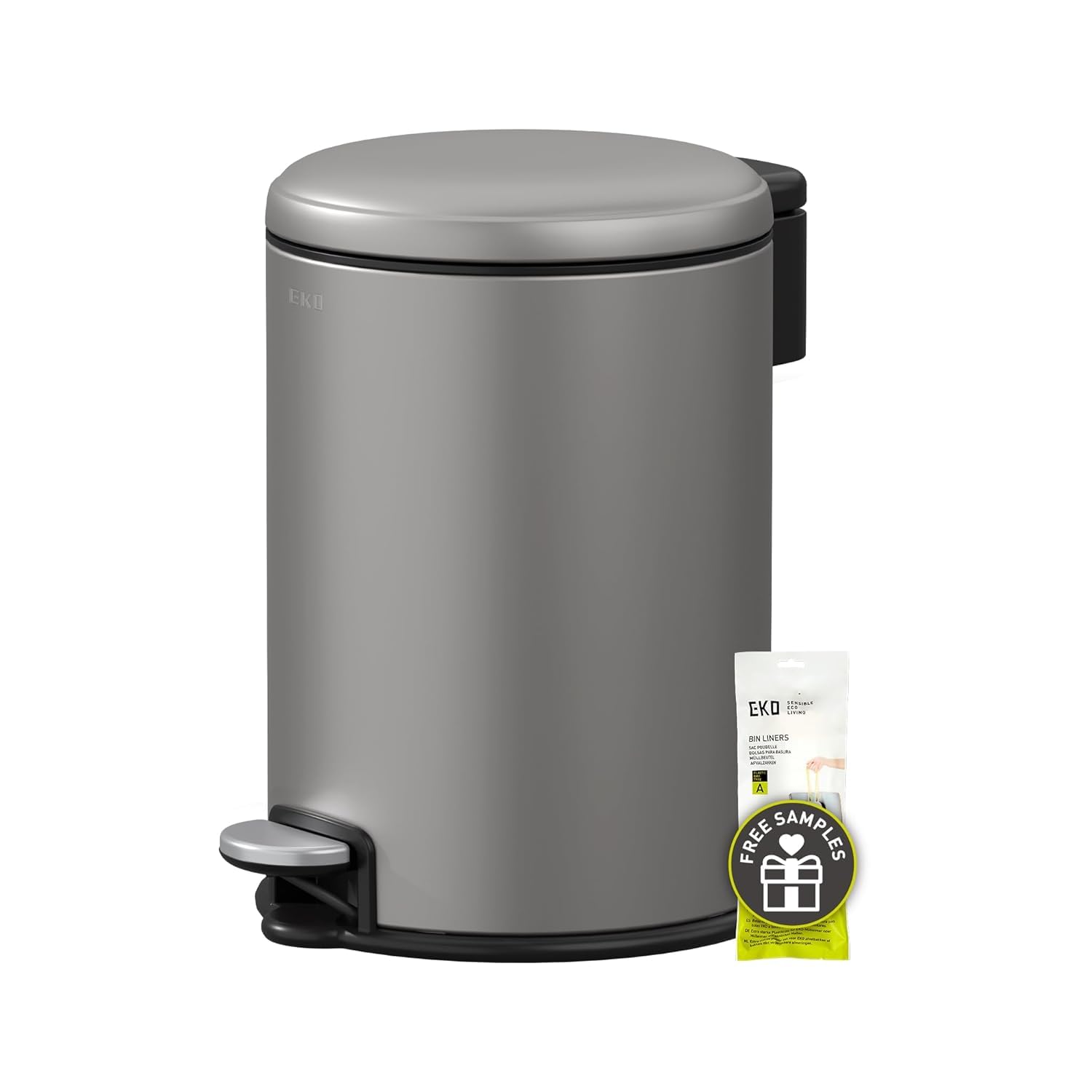 EKO Serene Step Bin, 3L Round Small Trash Can with Removable Inner Liner for Bedroom & Bathroom, Pedal Bin for Rubbish and Waste, Titanium Grey