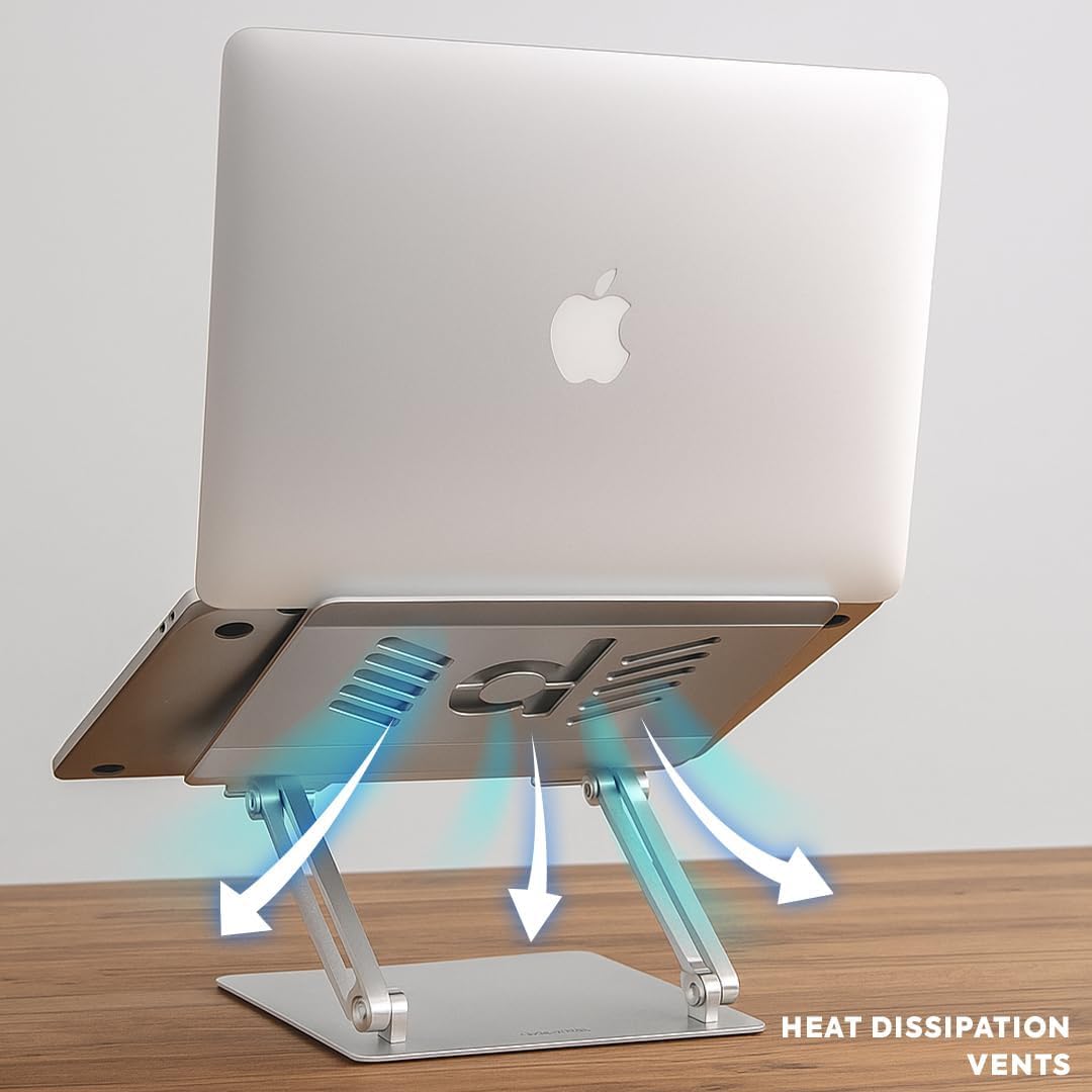 Deflecto Folding Adjustable Height Aluminium Laptop Stand Design' Vented Platform suitable for Laptops up to 17" in Silver